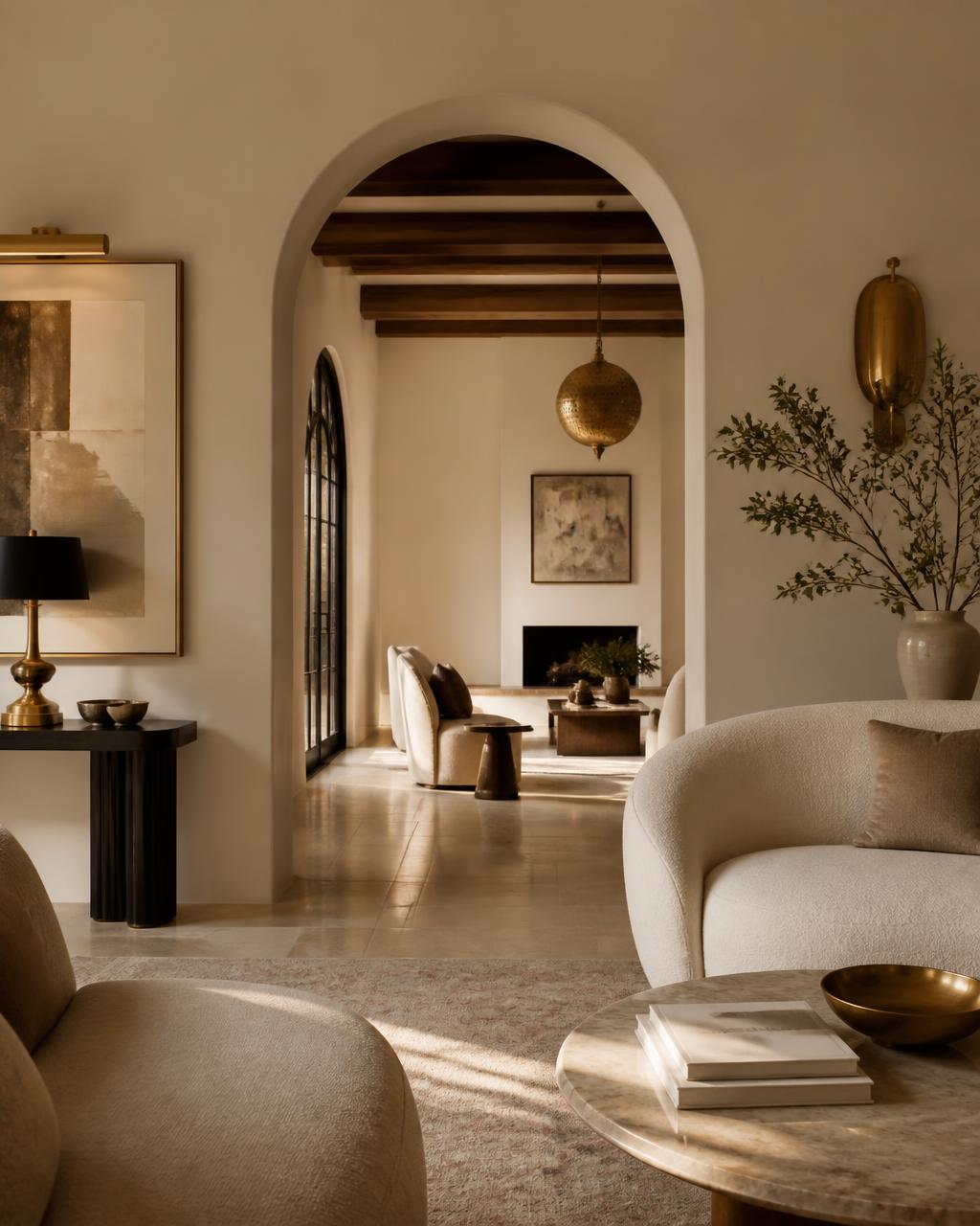 Interior elegante de una vivienda de lujo con arco y detalles en latón